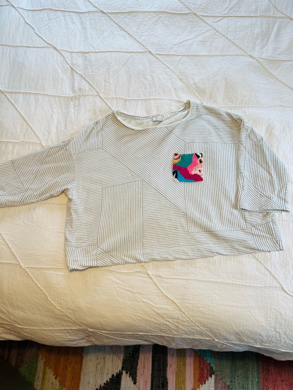 Anthropologie Cream Ribbed Scoop-Neck Sweater with Multicolor Pocket - Picture 3 of 12